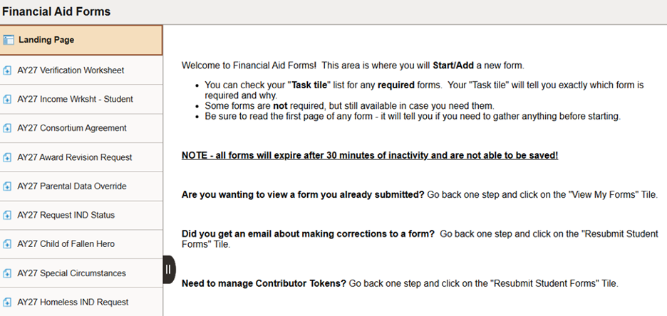 Screenshot of the Financial Aid Forms web page.