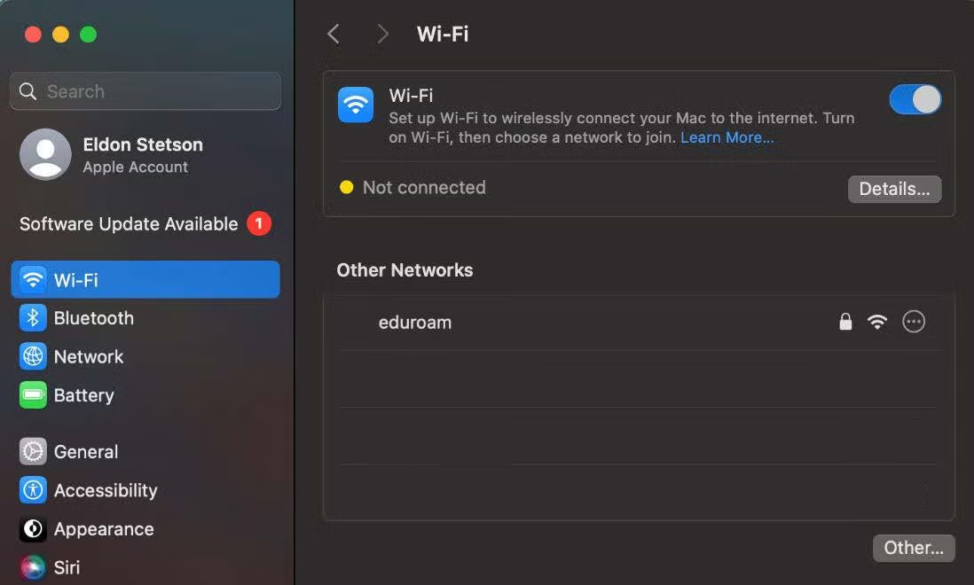 picture showing eduroam wireless network on macos