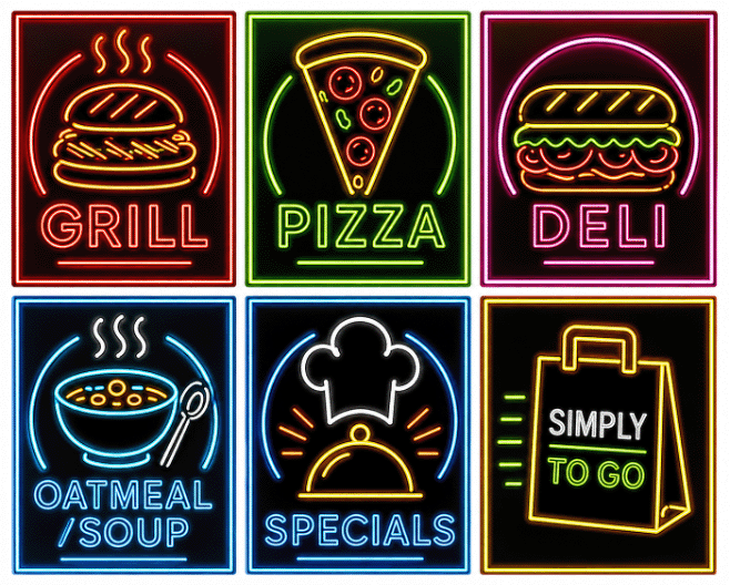 An image illustrating the different food stations: Grill, Pizza, Deli, Oatmeal/Soup, Specials, Simply To Go.