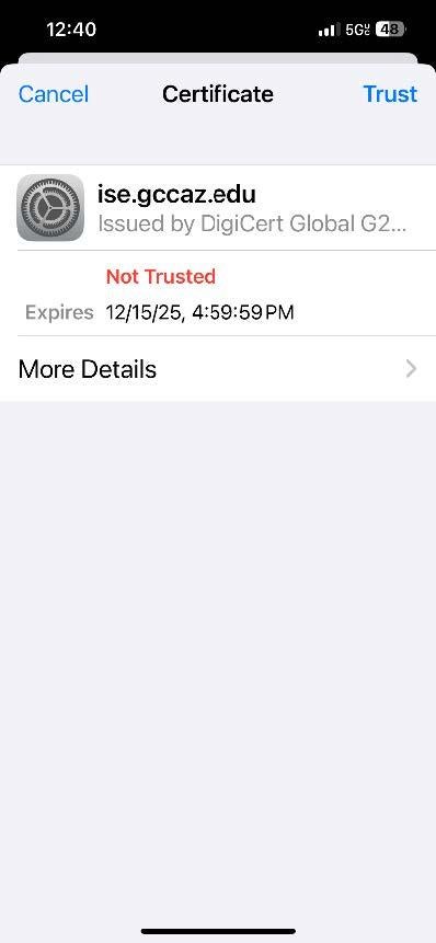 A screenshot of the Certificate dialogue screen in iOS.