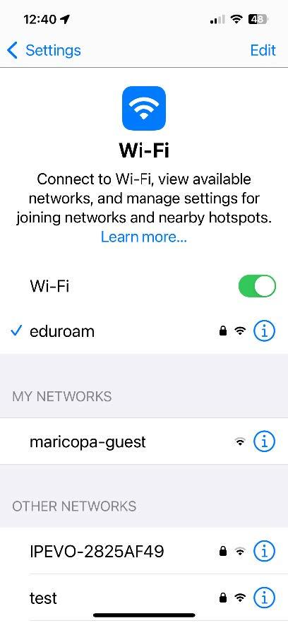 A screenshot of the iOS Wi-Fi settings screen showing the eduroam network as connected.