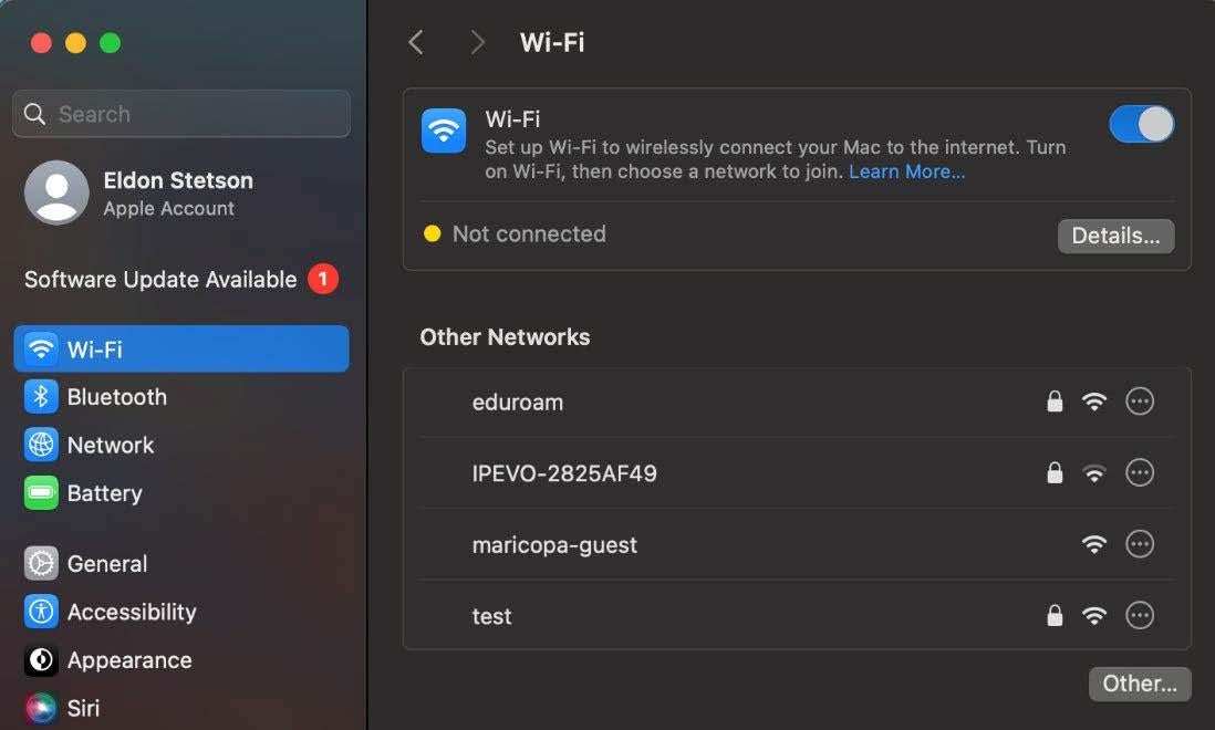 A screenshot of the Wi-Fi settings in MacOS System Settings.
