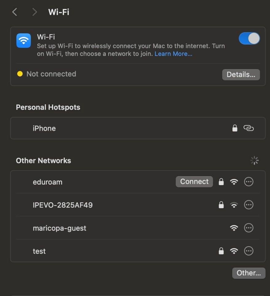 A screenshot of the Wi-Fi settings in MacOS System Settings.