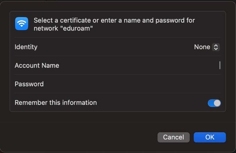 A screenshot of the Wi-Fi credentials window in MacOS.