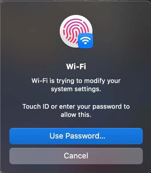 A screenshot of the Wi-Fi permissions confirmation dialogue box in MacOS.