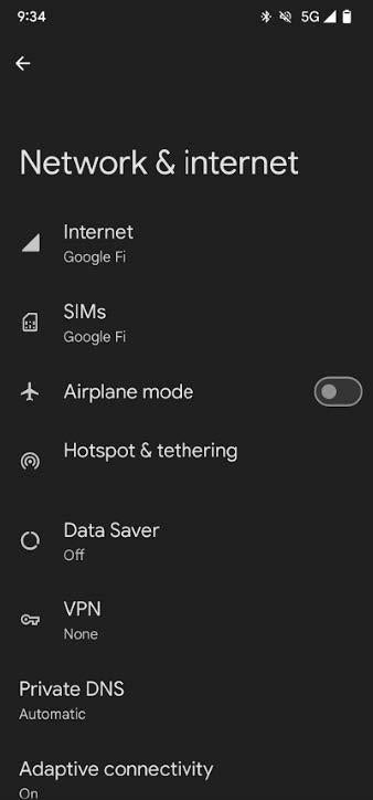 A screenshot of the Android Network & internet settings screen.