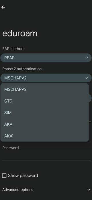 A screenshot of the eduroam network settings screen in Android, selecting MSCHAPV2.