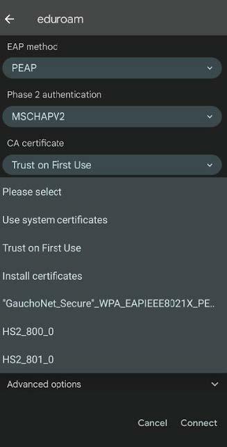 A screenshot of the eduroam network settings screen in Android, selecting Trust on First Use.