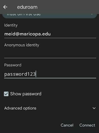 A screenshot of the eduroam network settings screen in Android.