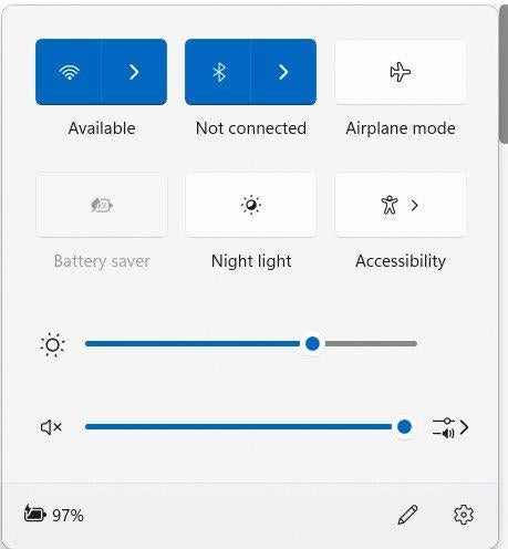 A screenshot of the Windows Network, Bluetooth, Screen and Sound settings from within the system tray.