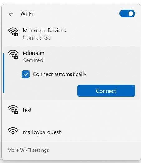 A screenshot of the Windows Wi-Fi settings from within the system tray.