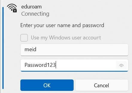 A screenshot of the eduroam account details dialogue.
