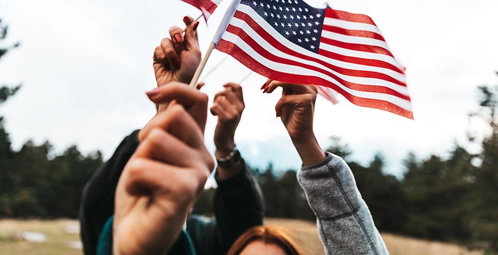 American flags raised in celebration