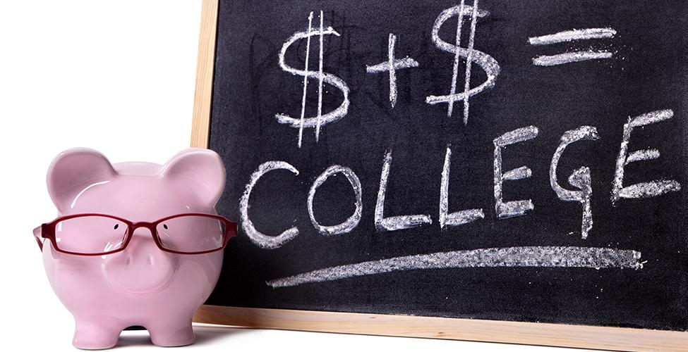 Pink piggy bank with glasses standing next to a blackboard with simple college savings or fees formula.