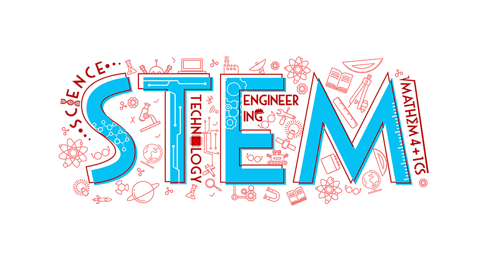 Red STEM icon backgrounds with the word STEM in blue