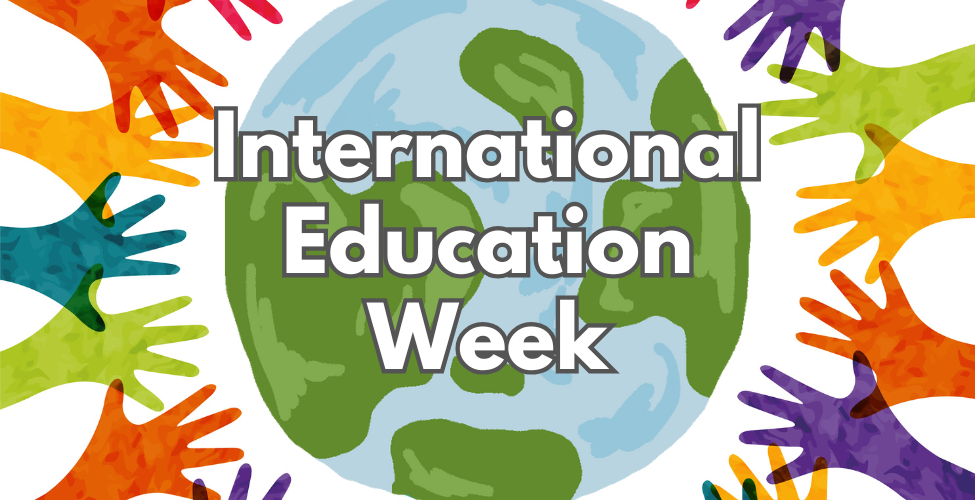 Globe surrounded by colorful hands with the words International Education Week