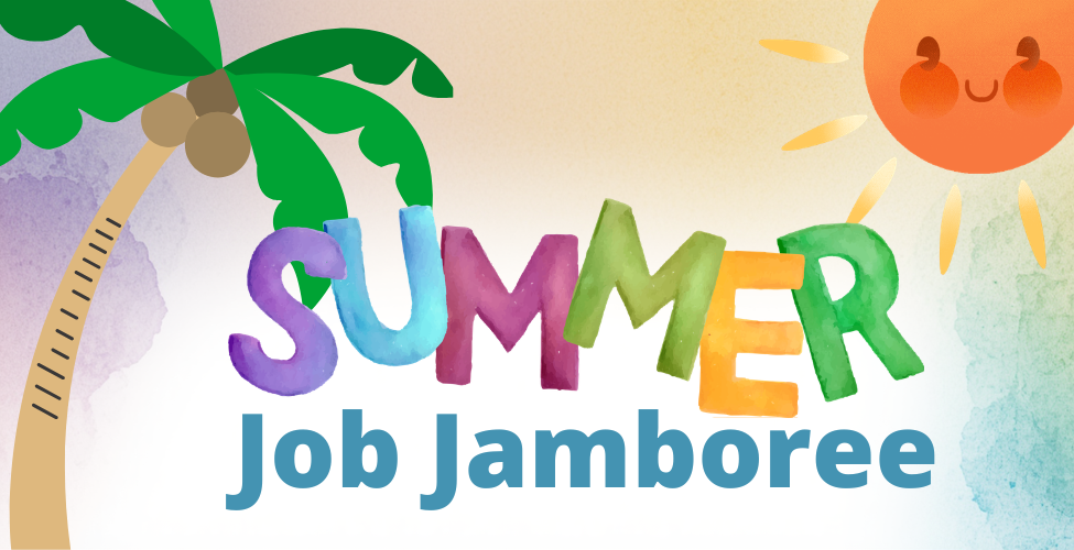 Summer Job Jamboree in colorful letters, with a palm tree on the left and a smiling sun on the right