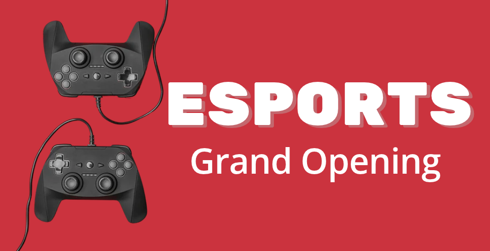 Black gaming controllers on a red background with the words Esports Grand Opening in white.