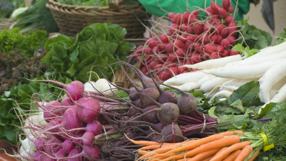 Colorful vegetables displayed at a farmers market