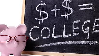 Pink piggy bank with glasses standing next to a blackboard with simple college savings or fees formula.