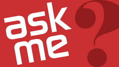 The words "Ask Me" in white with a dark red question mark on a lighter red back ground.