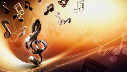3D abstract music background with notes and treble clef