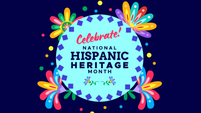 The words "Celebrate National Hispanic Heritage Month" in a light blue circle surrounded by a colorful floral design on a dark blue background