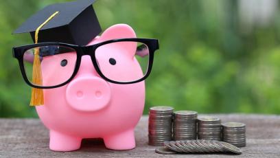 Pink piggy bank wearing glasses and a graduation cap, standing next to stacks of coins.