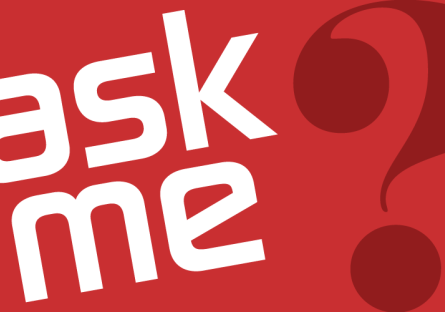 The words "Ask Me" in white with a dark red question mark on a lighter red back ground.
