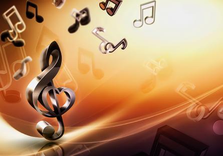 3D abstract music background with notes and treble clef