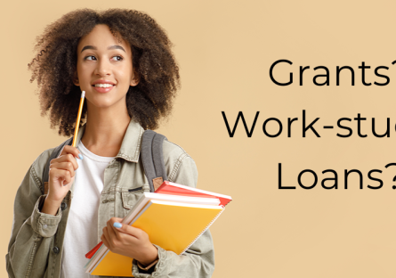 Smiling female student deep in thought, with the words "Grants? Work-study? Loans?"