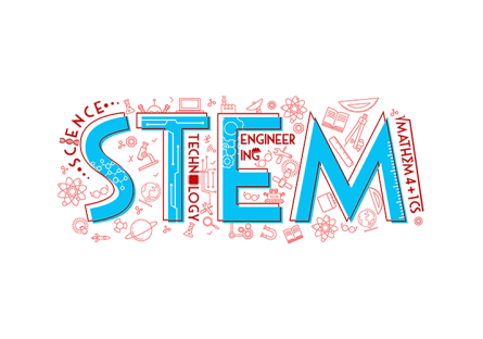 Red STEM icon backgrounds with the word STEM in blue