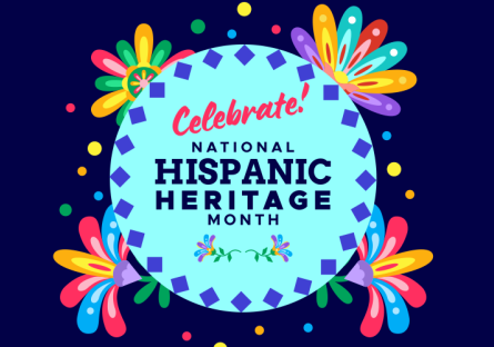 The words "Celebrate National Hispanic Heritage Month" in a light blue circle surrounded by a colorful floral design on a dark blue background
