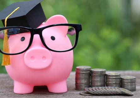 Pink piggy bank wearing glasses and a graduation cap, standing next to stacks of coins.