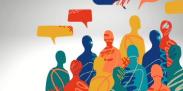 Multicolored crowd of abstract human silhouettes.