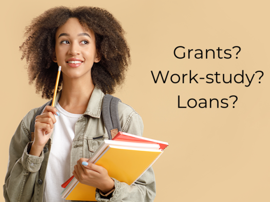 Smiling female student deep in thought, with the words "Grants? Work-study? Loans?"