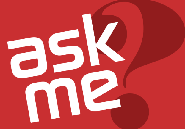 The words "Ask Me" in white with a dark red question mark on a lighter red back ground.