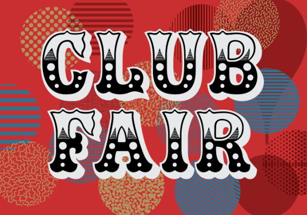 Club Fair graphic with carnival style font and a colorful background.