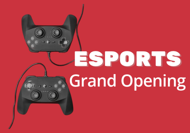 Black gaming controllers on a red background with the words Esports Grand Opening