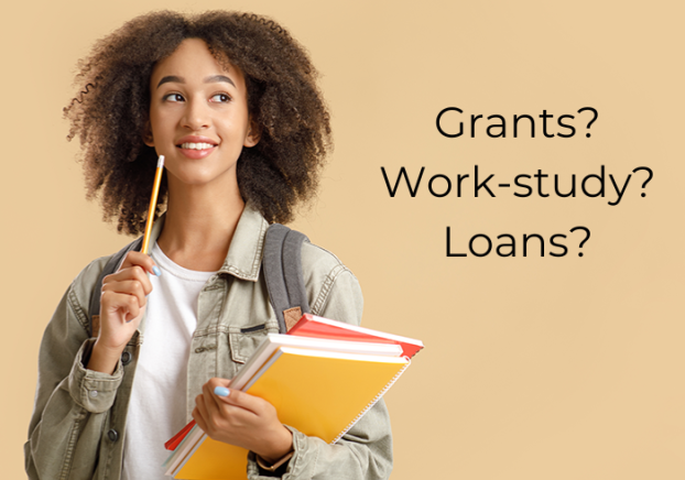 Smiling female student deep in thought, with the words "Grants? Work-study? Loans?"