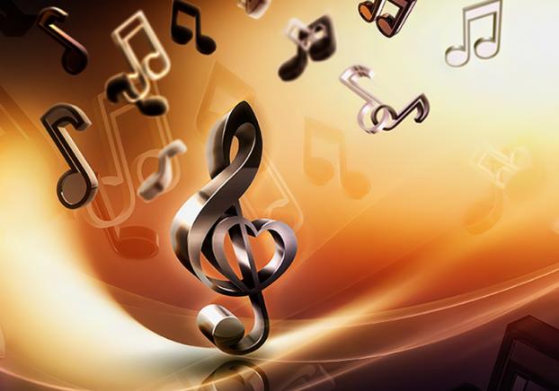 3D abstract music background with notes and treble clef