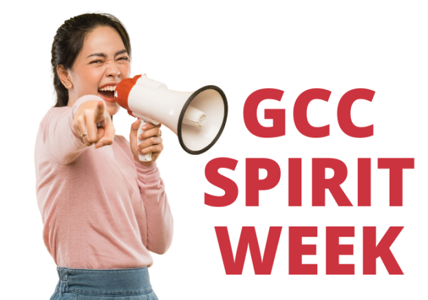 Young woman with a megaphone with the text "GCC Spirit Week" in red.