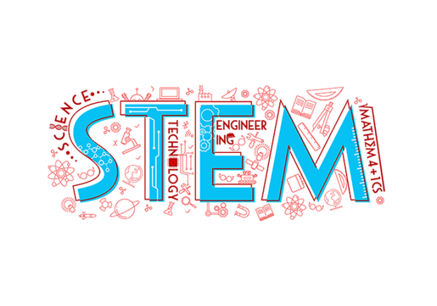 Red STEM icon backgrounds with the word STEM in blue