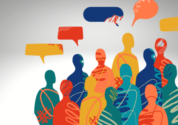 Multicolored crowd of abstract human silhouettes.