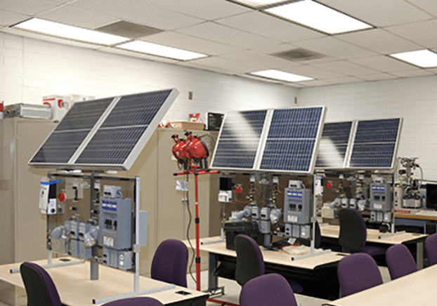 Physics classroom showing an array of solar panels
